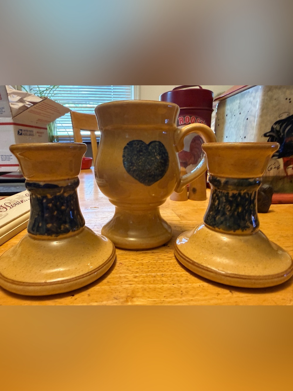 Pfaltzgraff Yellow Ceramic Mug with Blue Heart and Matching Candlesticks